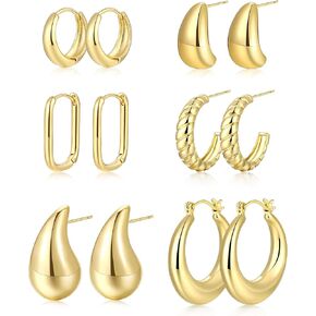 6 Pairs Gold Chunky Teardrop Hoop Earrings for Women | 14K Real Gold Plated Lightweight Twisted Thick Hoop Earrings Pack for Gift