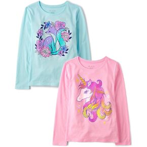 The Children's Place Girls' Dino Long Sleeve Graphic T-Shirts, Fox/Unicorn 2-Pack
