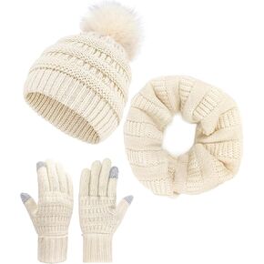 Winter Beanie Hat Scarf Glove Set for Women Pom Pom Soft Warm Knit Infinity Neck Circle Scarf Hat Touch screen Gloves Gift