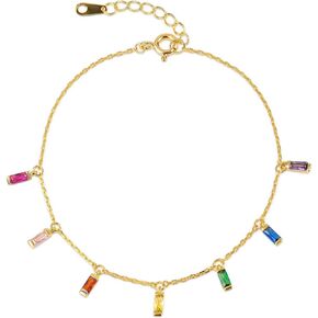 namana Colorful Gold Charm Bracelet for Women in 925 Sterling Silver, Dainty Gold Bracelet with Hanging MultiColored Rainbow Charms, Cute Gold Bracelets with Colored Stones