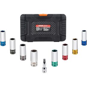 VEVOR Lug Nut Impact Socket Set - 8 Lug Nut Sizes 1/2 inch Drive Metric and SAE 6-Point Deep Socket CR-MO Steel Wheel Socket Set with Storage Case and Extension Bar for Auto Repair