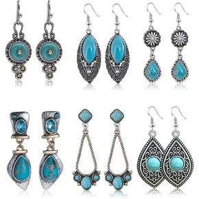 6 Pairs Vintage Turquoise Earrings Set Women's Bohemian Style Earrings Geometric Drop Dangle Earrings Western Statement Jewelry Gifts