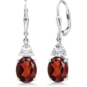 Gem Stone King 925 Sterling Silver Red Garnet and White Zirconia Dangle Earrings For Women (5.00 Cttw, Gemstone January Birthstone, Oval 10X8MM, Trillion 5MM)