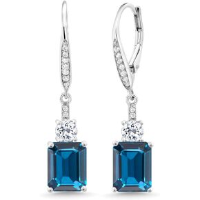 Gem Stone King 925 Sterling Silver London Blue Topaz and White Topaz Dangle Earrings For Women (6.08 Cttw, Gemstone November Birthstone, Emerald Cut 9X7MM)