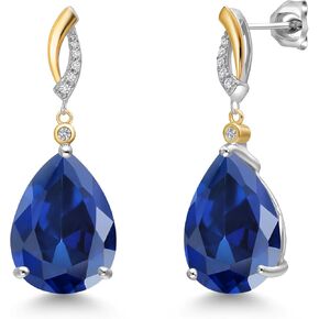 Gem Stone King 925 Silver and 10K Yellow Gold Blue Created Sapphire and White Lab Grown Diamond Dangle Earrings For Women | 20.43 Cttw | Gemstone September Birthstone | Pear Shape 16X12MM