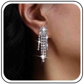 Vintage Crystal Tassel Drop Earrings Silver Cz Chain Earrings Rhinestone Chandelier Dangle Earrings Long Crystal Chain Earrings Jewelry for Women