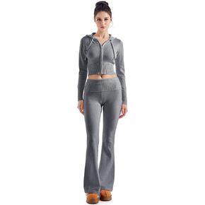 SUUKSESS Women 2 Piece Fall Sets Cropped Zip Up Hoodie Foldover Flare Leg Pants