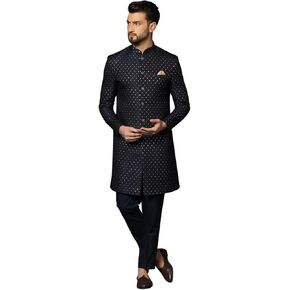 KISAH Men's Navy Blue Jacquard Indowestern Sherwani & Pajama Set – Regular Fit, Mandarin Collar |Indian Ethnic Wedding & Festive Wear