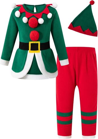 Kid Boy Christmas Green Elf Costume Outfit Party Set Long Sleeves With Hat Helper Xmas in Saudi Arabia