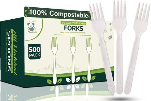 KOALALOVE-150pc 100% Compostable Forks - 150 Large Disposable Utensils. Koala Love, durable and heat resistant alternative to plastic forks with convenient tray in Saudi Arabia