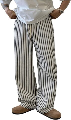 GORGLITTER Men's Pajama Pants Straight Leg Striped Lounge Pants Drawstring Waist Tie Knot Street Long Pants in Saudi Arabia