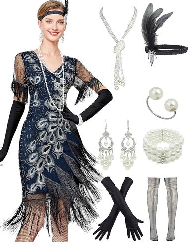 1920s Vintage Peacock Sequined Gatsby Fringed Flapper Roaring 20s Party Dress w/ 20s Costume Accessories Set in Saudi Arabia