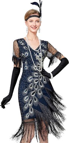 1920s Vintage Peacock Sequined Gatsby Fringed Flapper Roaring 20s Party Dress w/ 20s Costume Accessories Set in Saudi Arabia