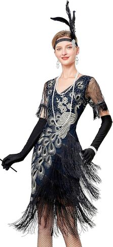 1920s Vintage Peacock Sequined Gatsby Fringed Flapper Roaring 20s Party Dress w/ 20s Costume Accessories Set in Saudi Arabia