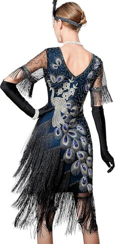 1920s Vintage Peacock Sequined Gatsby Fringed Flapper Roaring 20s Party Dress w/ 20s Costume Accessories Set in Saudi Arabia