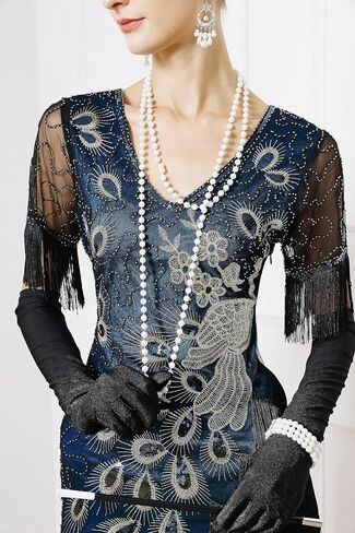 1920s Vintage Peacock Sequined Gatsby Fringed Flapper Roaring 20s Party Dress w/ 20s Costume Accessories Set in Saudi Arabia
