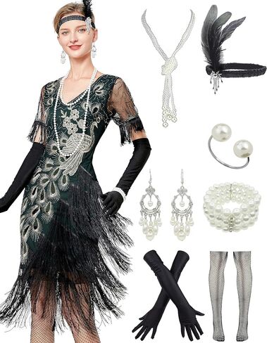 1920s Vintage Peacock Sequined Gatsby Fringed Flapper Roaring 20s Party Dress w/ 20s Costume Accessories Set in Saudi Arabia