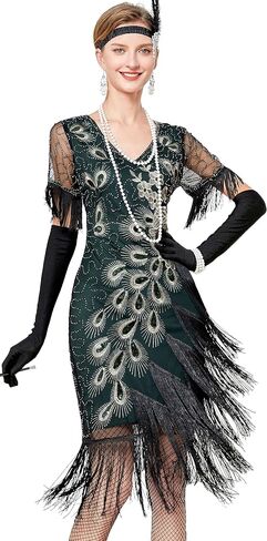 1920s Vintage Peacock Sequined Gatsby Fringed Flapper Roaring 20s Party Dress w/ 20s Costume Accessories Set in Saudi Arabia