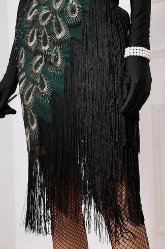 1920s Vintage Peacock Sequined Gatsby Fringed Flapper Roaring 20s Party Dress w/ 20s Costume Accessories Set in Saudi Arabia