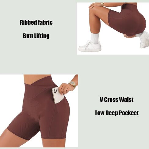 Yuerlian Women Seamless Booty Biker Shorts Cross Workout Shorts 5" High Waisted Shorts with Pockets in Saudi Arabia