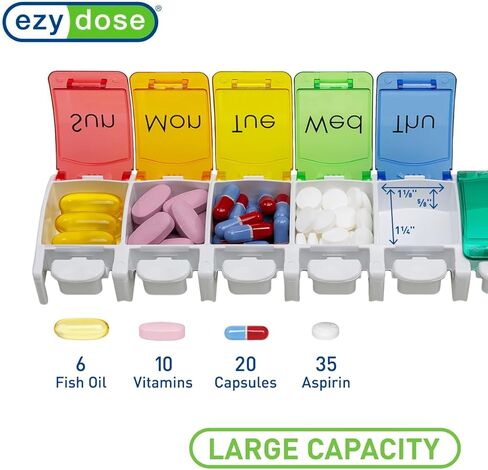 علبة حبوب الدواء الأسبوعية (7 أيام) من إيزي دوز، مخطط الأدوية، صندوق منظم الفيتامينات، مريح وسهل الاستخدام، مقصورات ضغط كبيرة جدًا، أغطية قوس قزح، خالية من مادة BPA in Kuwait
