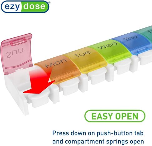 علبة حبوب الدواء الأسبوعية (7 أيام) من إيزي دوز، مخطط الأدوية، صندوق منظم الفيتامينات، مريح وسهل الاستخدام، مقصورات ضغط كبيرة جدًا، أغطية قوس قزح، خالية من مادة BPA in Kuwait