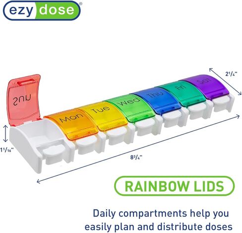 علبة حبوب الدواء الأسبوعية (7 أيام) من إيزي دوز، مخطط الأدوية، صندوق منظم الفيتامينات، مريح وسهل الاستخدام، مقصورات ضغط كبيرة جدًا، أغطية قوس قزح، خالية من مادة BPA in Kuwait