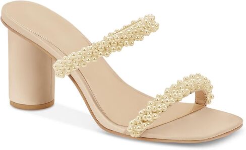 Guayonng Womens Chunky Heeled Sandals Pearl Strappy Open Square Toe Slip-on Block Heels Backless Mules Shoes in Kuwait