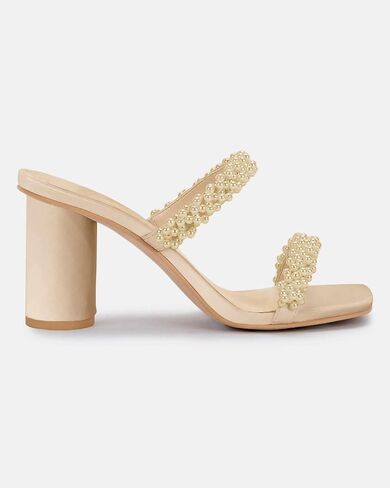 Guayonng Womens Chunky Heeled Sandals Pearl Strappy Open Square Toe Slip-on Block Heels Backless Mules Shoes in Kuwait