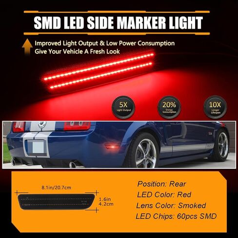 Rear Fender LED Side Marker Lights for Fo-rd Mus-tang 2015-2023, Mus-tang Smoked Lens Side Bumper Marker Lamps, [Ultra-Bright] White LED Side Markers Turn Signal Lights, 2 PCS in Kuwait