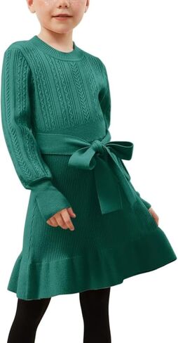 CHILDRENSTAR Girls Sweater Dress Ruffles Long Sleeve Warm Winter Pullover Cable Knit Clothes Belted for Kids in Kuwait