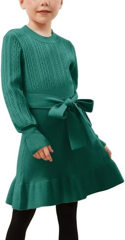 CHILDRENSTAR Girls Sweater Dress Ruffles Long Sleeve Warm Winter Pullover Cable Knit Clothes Belted for Kids in Kuwait