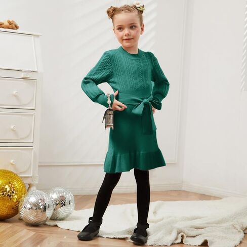 CHILDRENSTAR Girls Sweater Dress Ruffles Long Sleeve Warm Winter Pullover Cable Knit Clothes Belted for Kids in Kuwait