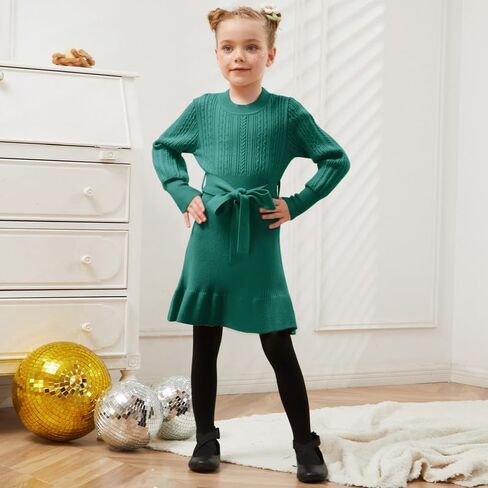 CHILDRENSTAR Girls Sweater Dress Ruffles Long Sleeve Warm Winter Pullover Cable Knit Clothes Belted for Kids in Kuwait