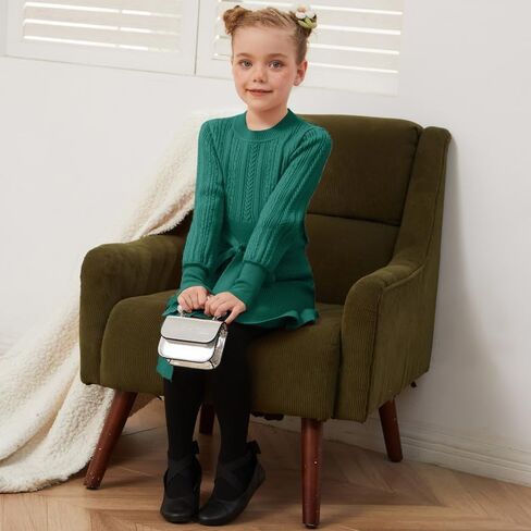 CHILDRENSTAR Girls Sweater Dress Ruffles Long Sleeve Warm Winter Pullover Cable Knit Clothes Belted for Kids in Kuwait