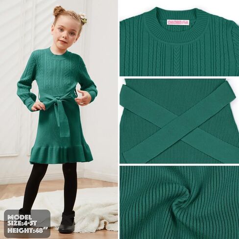 CHILDRENSTAR Girls Sweater Dress Ruffles Long Sleeve Warm Winter Pullover Cable Knit Clothes Belted for Kids in Kuwait