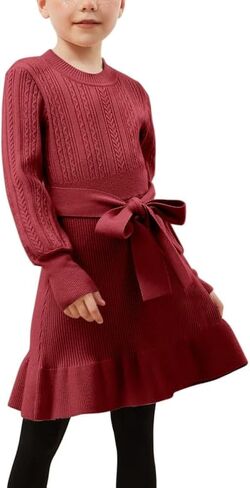 CHILDRENSTAR Girls Sweater Dress Ruffles Long Sleeve Warm Winter Pullover Cable Knit Clothes Belted for Kids in Kuwait
