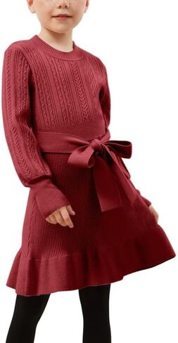 CHILDRENSTAR Girls Sweater Dress Ruffles Long Sleeve Warm Winter Pullover Cable Knit Clothes Belted for Kids in Kuwait
