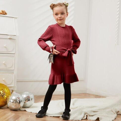 CHILDRENSTAR Girls Sweater Dress Ruffles Long Sleeve Warm Winter Pullover Cable Knit Clothes Belted for Kids in Kuwait