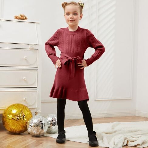CHILDRENSTAR Girls Sweater Dress Ruffles Long Sleeve Warm Winter Pullover Cable Knit Clothes Belted for Kids in Kuwait