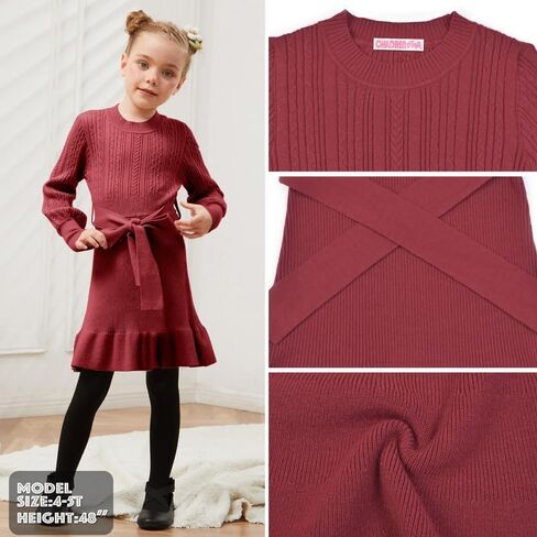 CHILDRENSTAR Girls Sweater Dress Ruffles Long Sleeve Warm Winter Pullover Cable Knit Clothes Belted for Kids in Kuwait