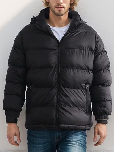 Men's Hooded Puffer Jacket Winter Coat Warm Thickened Zip Up Quilted Padded Jackets with Pockets in Saudi Arabia