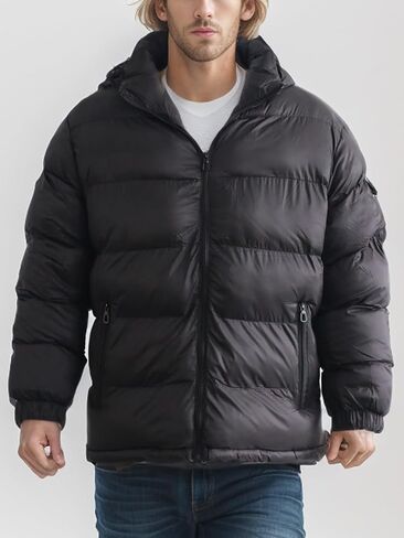 Men's Hooded Puffer Jacket Winter Coat Warm Thickened Zip Up Quilted Padded Jackets with Pockets in Saudi Arabia