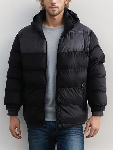 Men's Hooded Puffer Jacket Winter Coat Warm Thickened Zip Up Quilted Padded Jackets with Pockets in Saudi Arabia