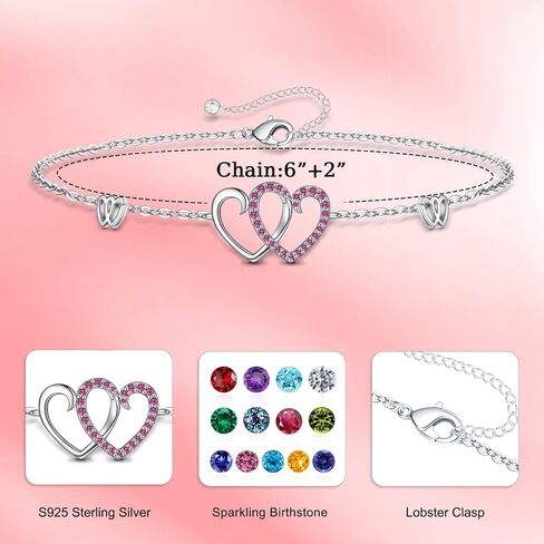 Memorjew Birthstone Bracelet for Women - 925 Sterling Silver Bracelet for Women, Love Heart Birthstone Bracelet Charms Anniversary Mothers Day Birthday Gifts for Women Wife Girlfriend Mom Her in Saudi Arabia