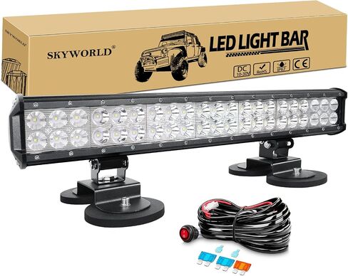 SKYWORLD شريط إضاءة LED مغناطيسي للسيارة 20 بوصة 126 وات أضواء القيادة على الطرق الوعرة مع مجموعة كابلات أسلاك 12 فولت + حامل حامل قاعدة مغناطيسية قوية لشاحنة الطرق الوعرة SUV 4x4، 6000K أبيض in Kuwait