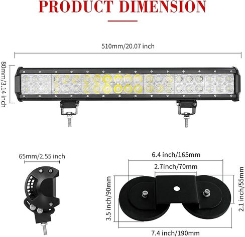 SKYWORLD شريط إضاءة LED مغناطيسي للسيارة 20 بوصة 126 وات أضواء القيادة على الطرق الوعرة مع مجموعة كابلات أسلاك 12 فولت + حامل حامل قاعدة مغناطيسية قوية لشاحنة الطرق الوعرة SUV 4x4، 6000K أبيض in Kuwait