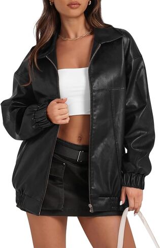 Yousify Womens Leather Jacket Oversized Faux Casual Zip Up Bomber Motorcycle Jackect Trendy Fall Winter Clothes S-XXL in Kuwait