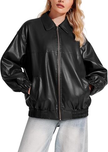 Yousify Womens Leather Jacket Oversized Faux Casual Zip Up Bomber Motorcycle Jackect Trendy Fall Winter Clothes S-XXL in Kuwait
