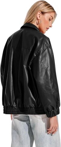 Yousify Womens Leather Jacket Oversized Faux Casual Zip Up Bomber Motorcycle Jackect Trendy Fall Winter Clothes S-XXL in Kuwait